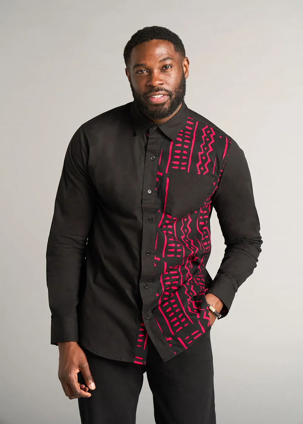 Abiade Men's African Print Button-Up Shirt (Black/Black Magenta