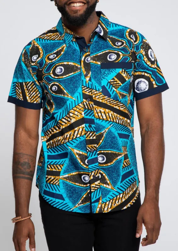 Deion Men's African Print Short Sleeve Button-Up Shirt (Sky Blue Flowers) sold by D'iyanu
