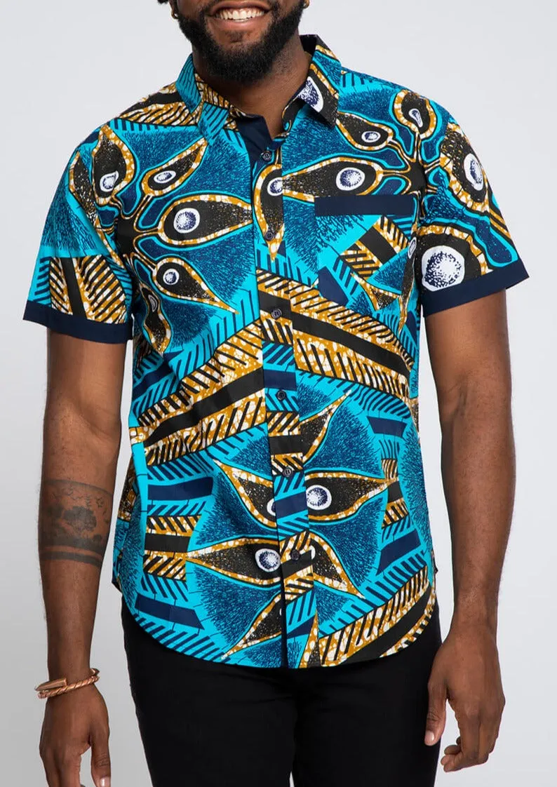 Deion Men's African Print Short Sleeve Button-Up Shirt (Sky Blue Flowers) sold by D'iyanu