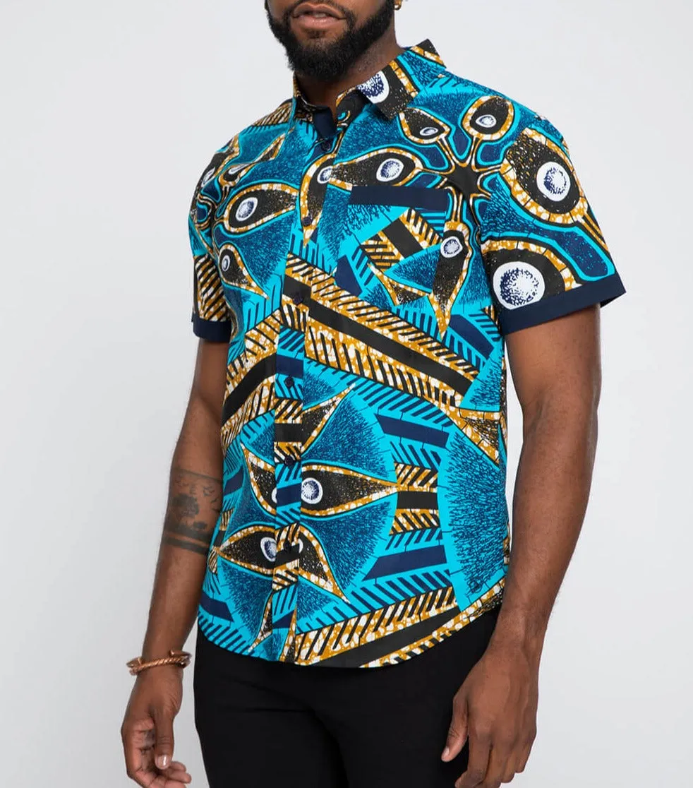 Deion Men's African Print Short Sleeve Button-Up Shirt (Sky Blue Flowers) sold by D'iyanu product image thumbnail 2