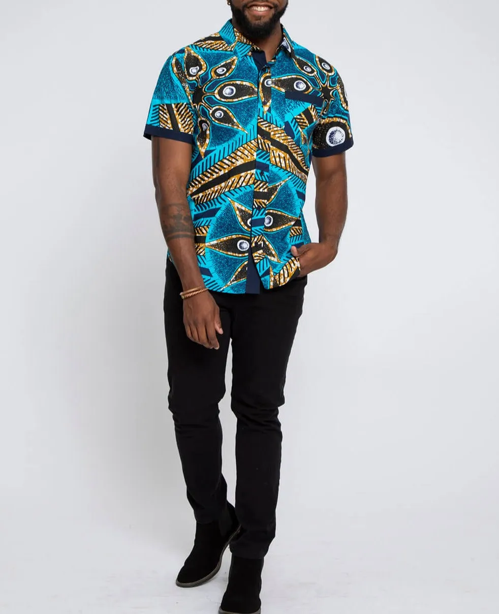 Deion Men's African Print Short Sleeve Button-Up Shirt (Sky Blue Flowers) sold by D'iyanu product image thumbnail 4
