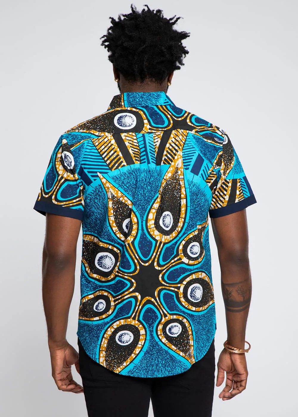Deion Men's African Print Short Sleeve Button-Up Shirt (Sky Blue Flowers) sold by D'iyanu product image thumbnail 3