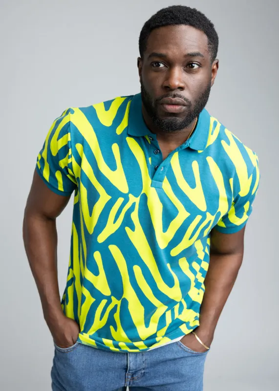 Femi Men's African Print Polo Shirt (Lime Zebra Abstract) sold by D'iyanu