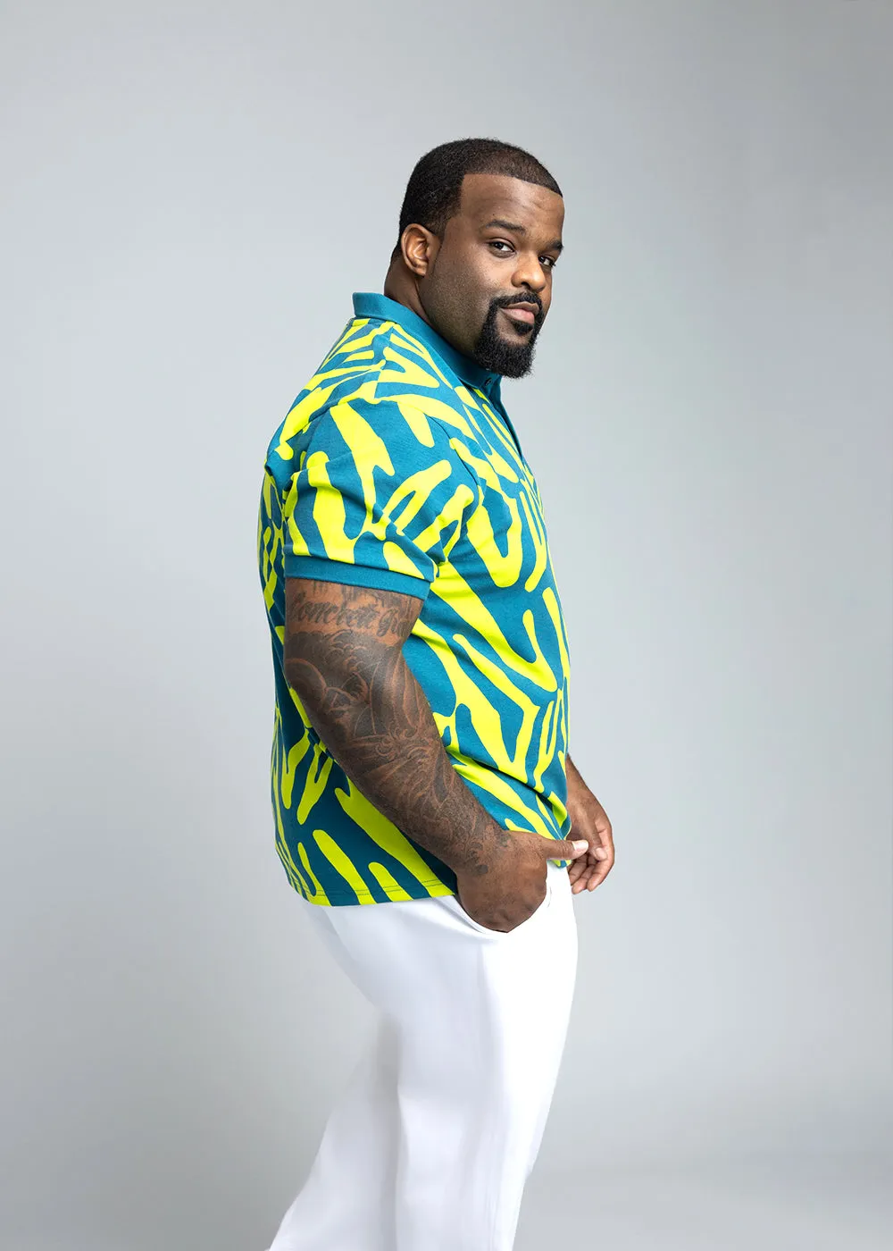 Femi Men's African Print Polo Shirt (Lime Zebra Abstract) sold by D'iyanu product image thumbnail 2