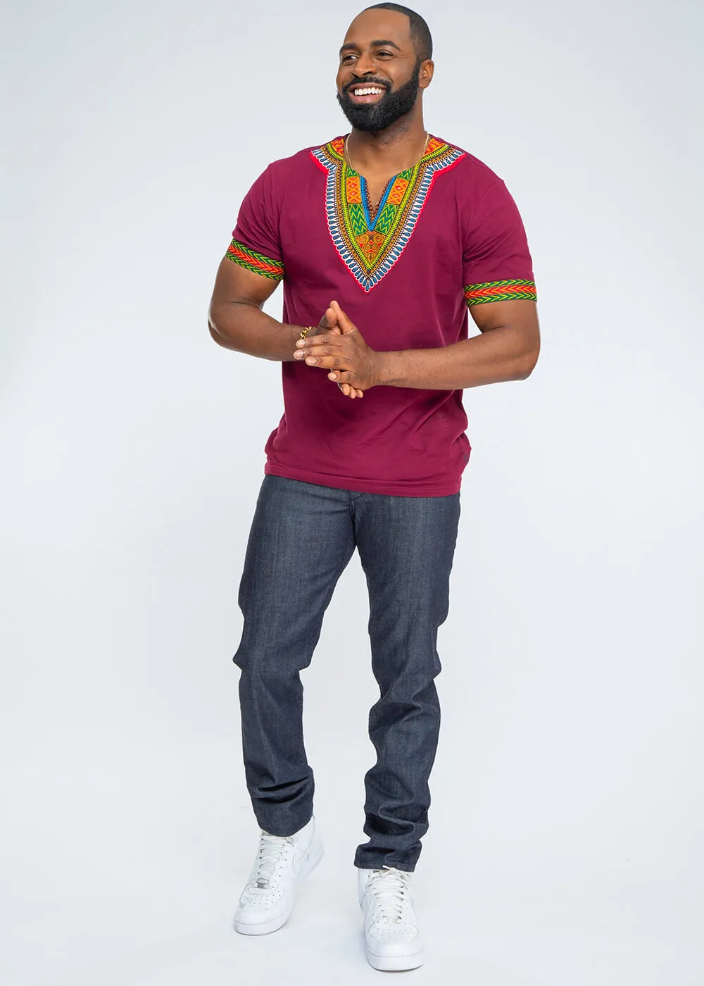 Men's African Print Dashiki T-Shirt (Deep Maroon) sold by D'iyanu product image thumbnail 4