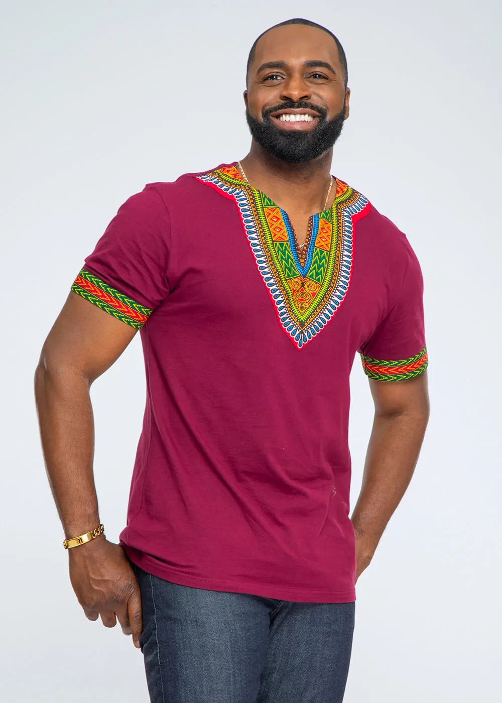 Men's African Print Dashiki T-Shirt (Deep Maroon) sold by D'iyanu