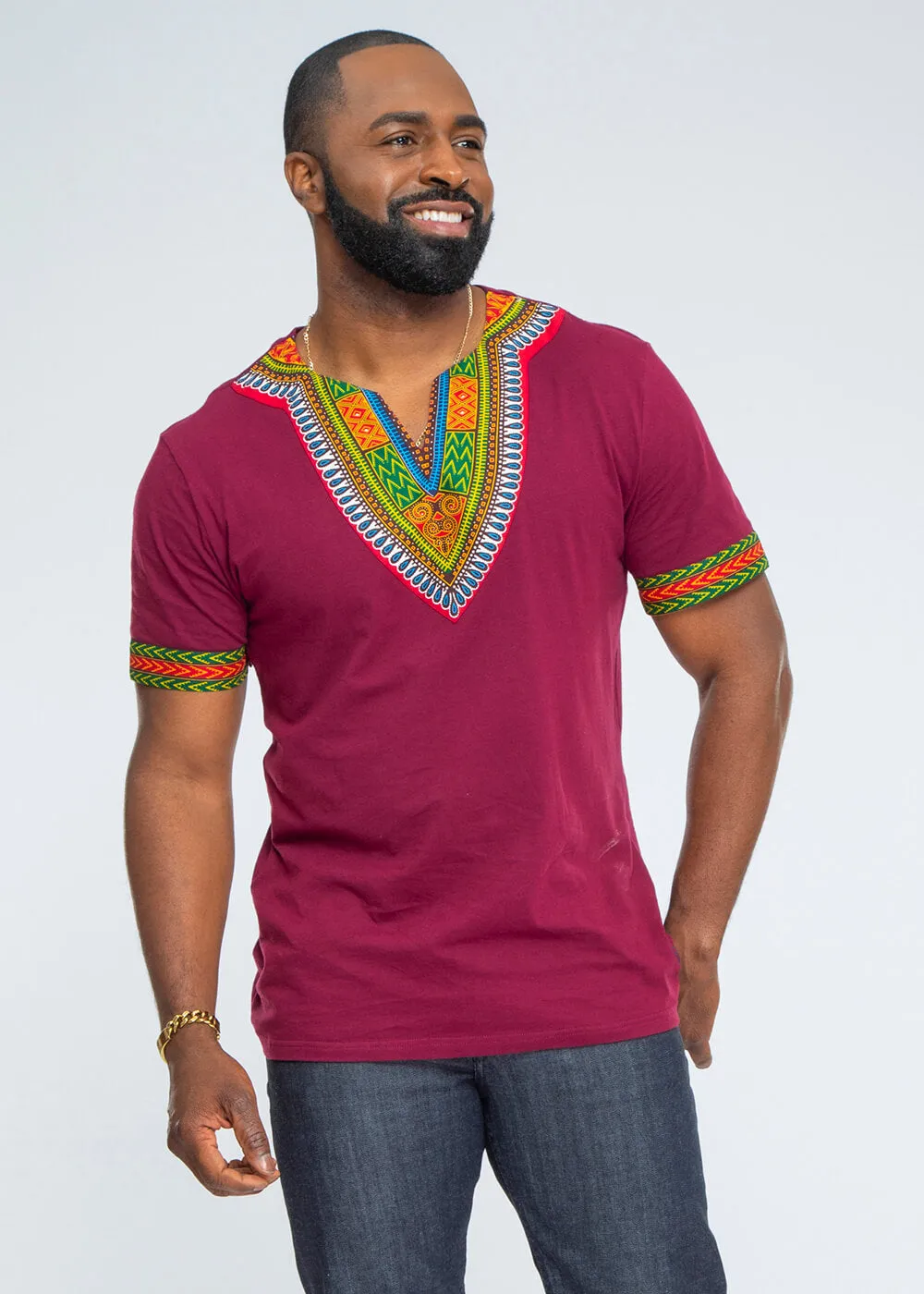 Men's African Print Dashiki T-Shirt (Deep Maroon) sold by D'iyanu product image thumbnail 3