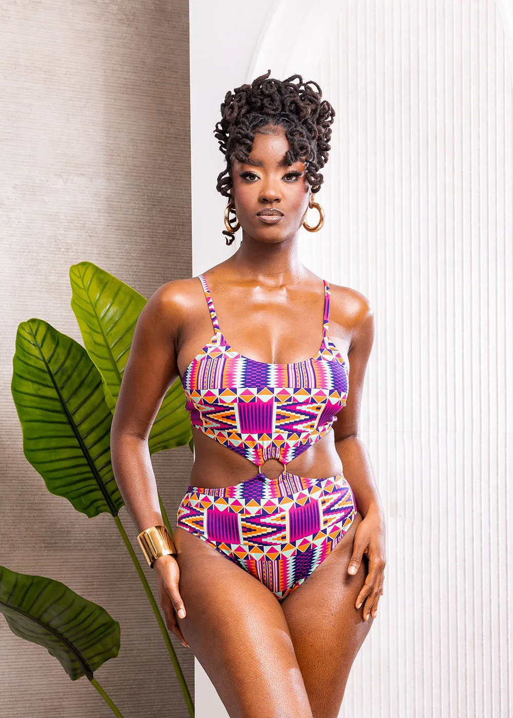 Chika Women's African Print Cut-Out Swimsuit (Mint Purple Kente)-Clearance sold by D'iyanu