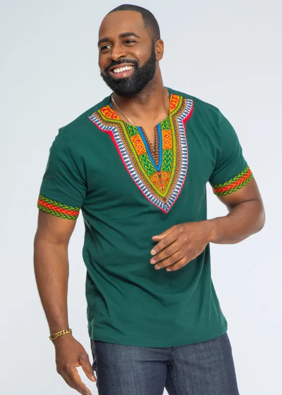 Men's African Print Dashiki T-Shirt (Forest Green/Maroon) sold by D'iyanu