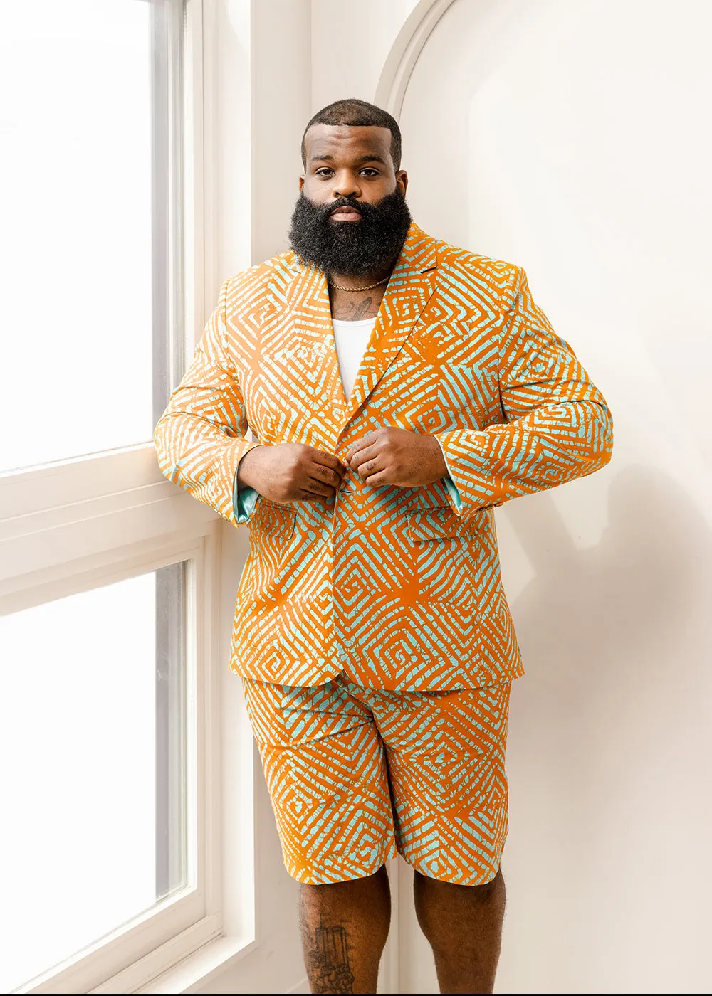 Hami Men's African Print Lightweight Blazer (Orange Blue Adire) sold by D'iyanu product image thumbnail 2