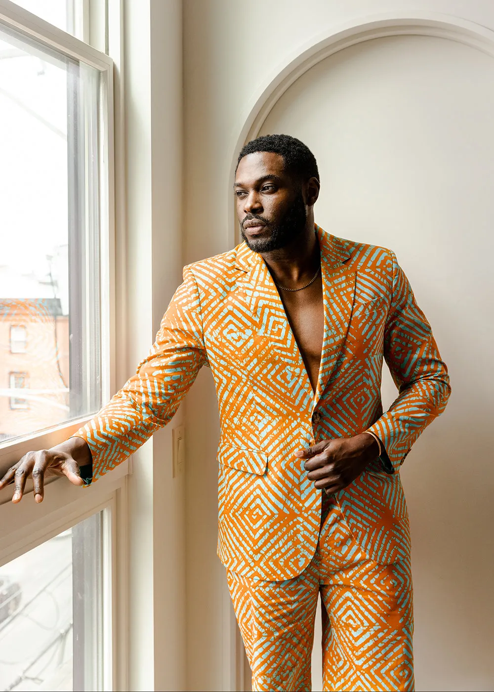 Hami Men's African Print Lightweight Blazer (Orange Blue Adire) sold by D'iyanu product image thumbnail 4
