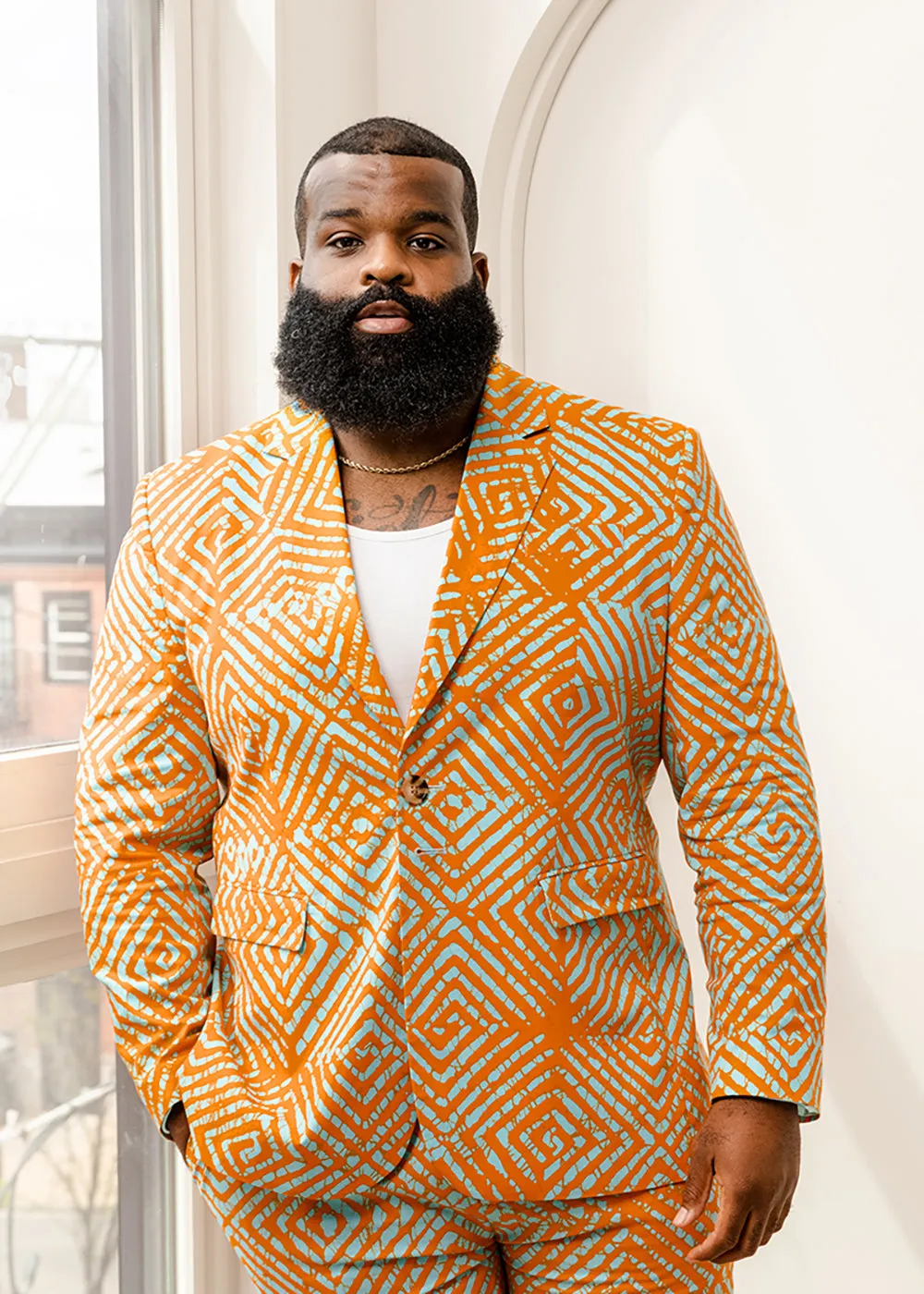 Hami Men's African Print Lightweight Blazer (Orange Blue Adire) sold by D'iyanu