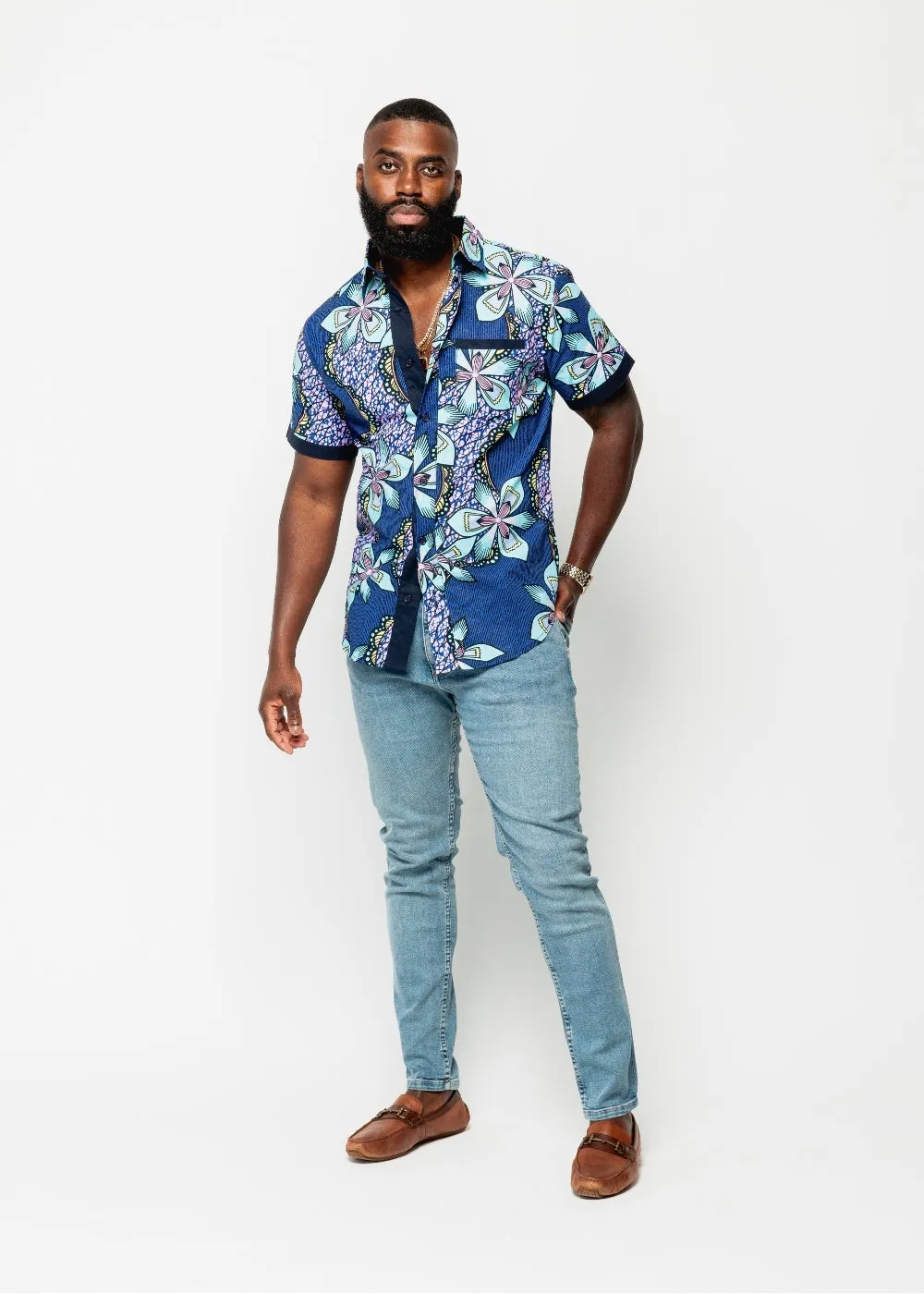 Deion Men's African Print Short Sleeve Button-Up Shirt (Light Blue Pink Iris) sold by D'iyanu product image thumbnail 2