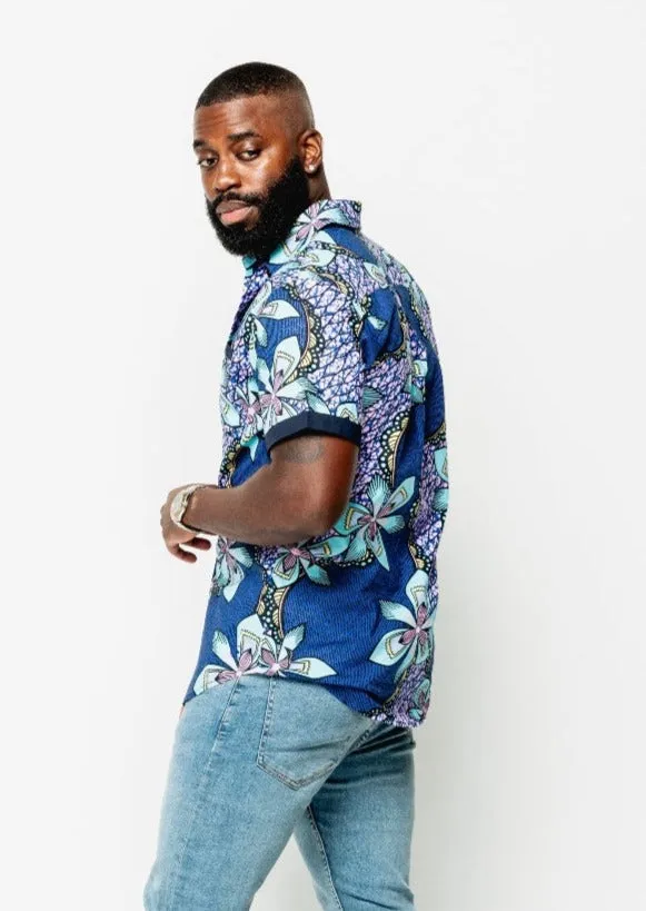 Deion Men's African Print Short Sleeve Button-Up Shirt (Light Blue Pink Iris) sold by D'iyanu product image thumbnail 4