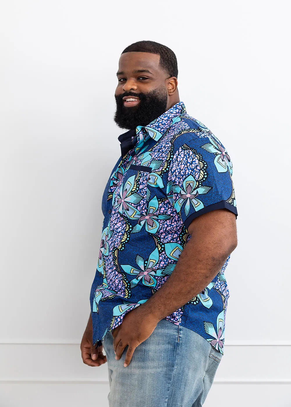 Deion Men's African Print Short Sleeve Button-Up Shirt (Light Blue Pink Iris) sold by D'iyanu product image thumbnail 5