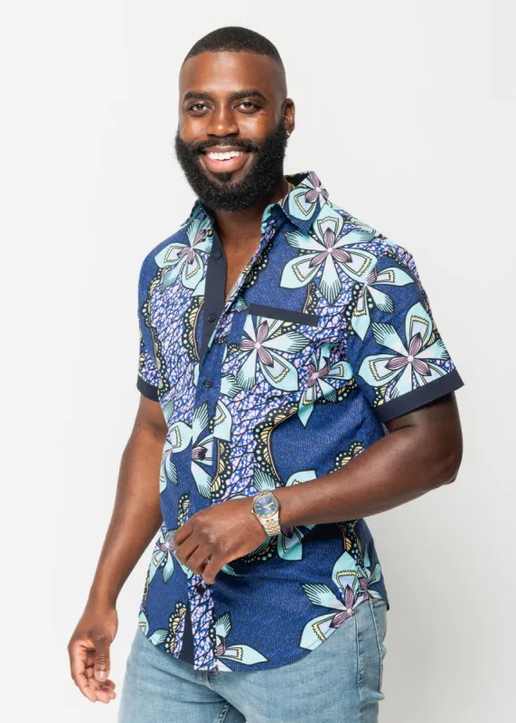 Deion Men's African Print Short Sleeve Button-Up Shirt (Light Blue Pink Iris) sold by D'iyanu