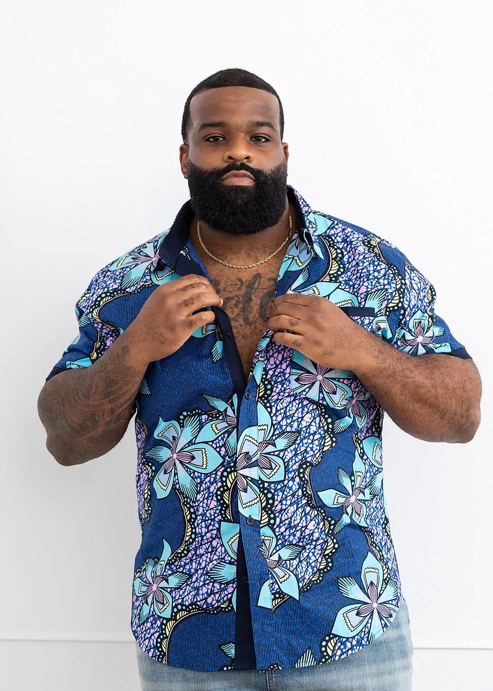 Deion Men's African Print Short Sleeve Button-Up Shirt (Light Blue Pink Iris) sold by D'iyanu product image thumbnail 3