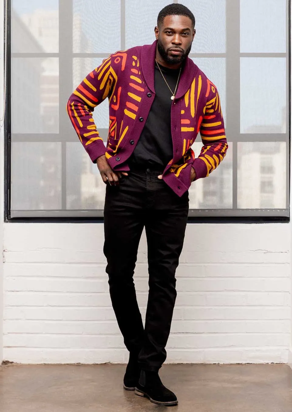 Aren Men's African Print Cardigan Sweater (Plum Gold Tribal) sold by D'iyanu product image thumbnail 2