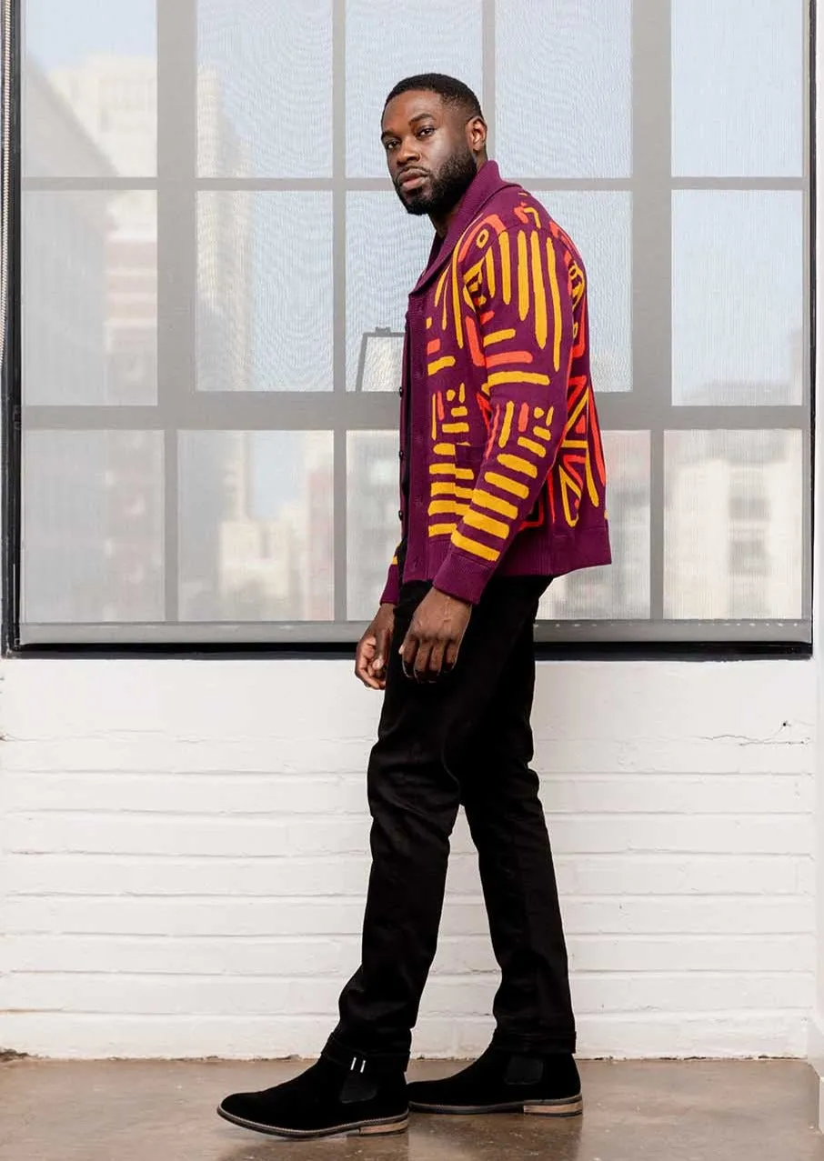 Aren Men's African Print Cardigan Sweater (Plum Gold Tribal) sold by D'iyanu product image thumbnail 5