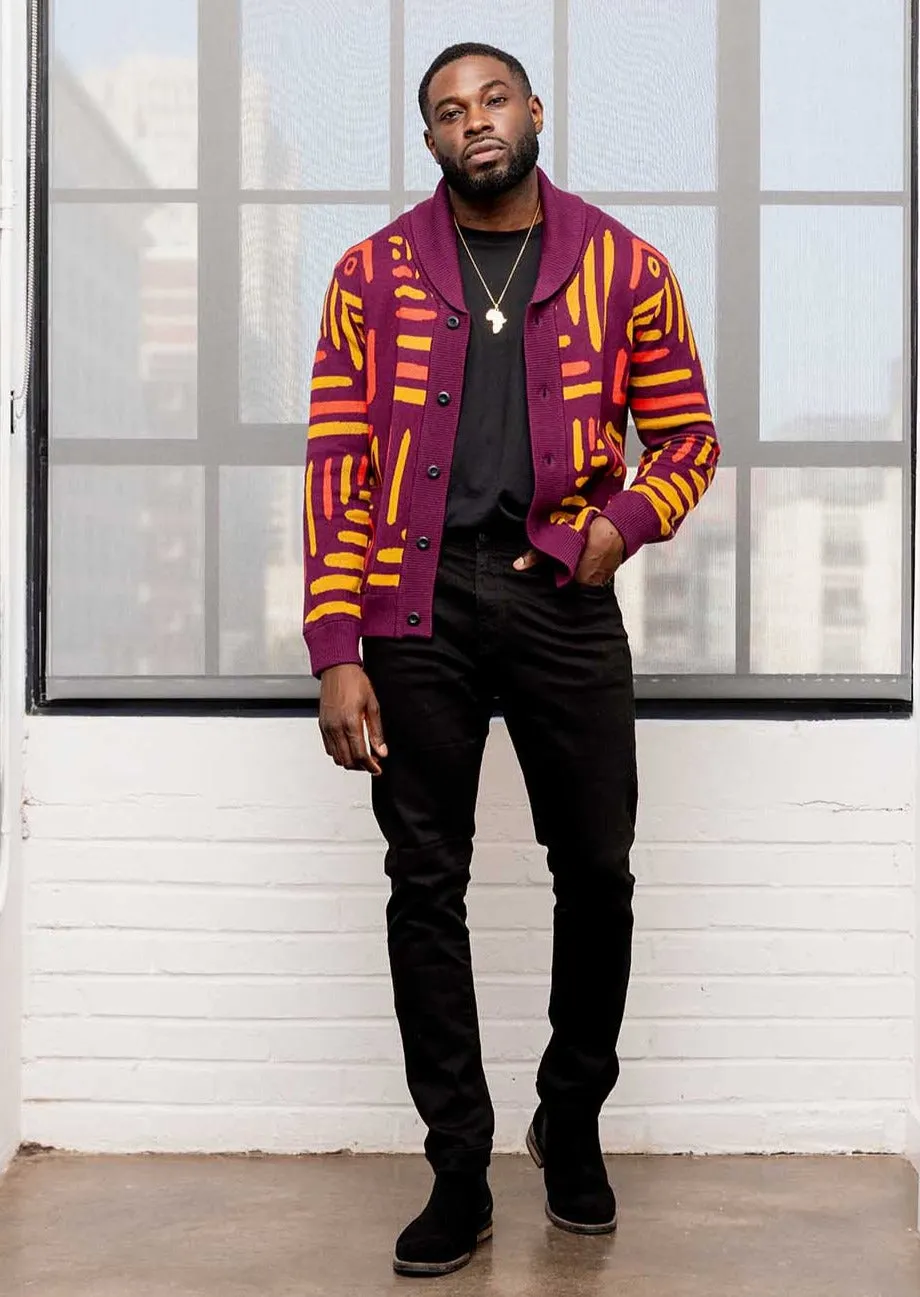 Aren Men's African Print Cardigan Sweater (Plum Gold Tribal) sold by D'iyanu product image thumbnail 4