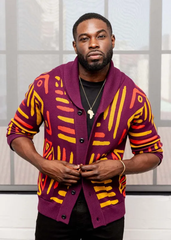 Aren Men's African Print Cardigan Sweater (Plum Gold Tribal) sold by D'iyanu
