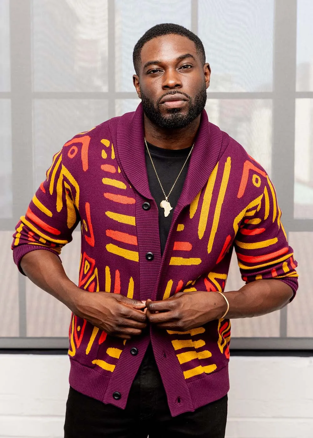 Aren Men's African Print Cardigan Sweater (Plum Gold Tribal) sold by D'iyanu