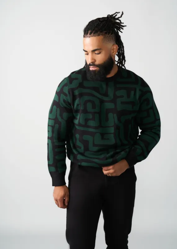 Asaye Men's African Print Crew Neck Sweater (Black Malachite Geometric) sold by D'iyanu