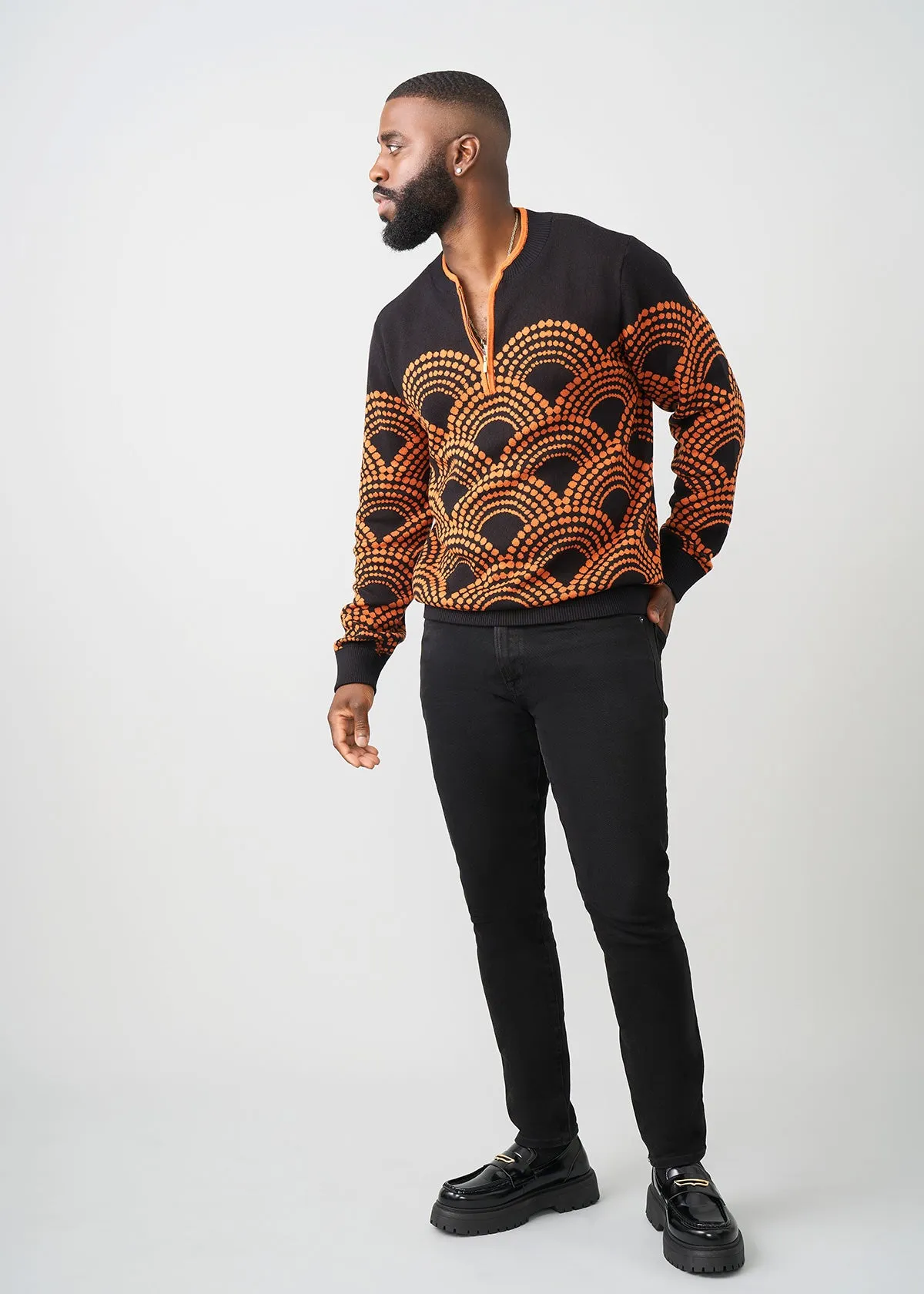 Kibo Men's African Print Quarter-Zip Sweater (Black Amber Dots) sold by D'iyanu product image thumbnail 5