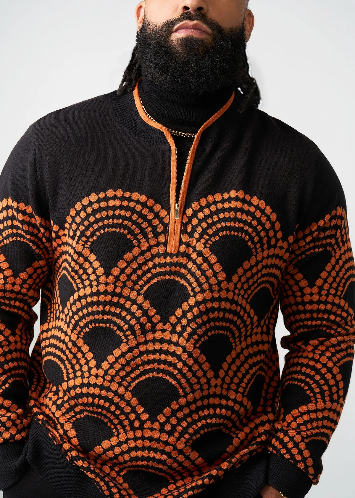 Kibo Men's African Print Quarter-Zip Sweater (Black Amber Dots) sold by D'iyanu product image thumbnail 2