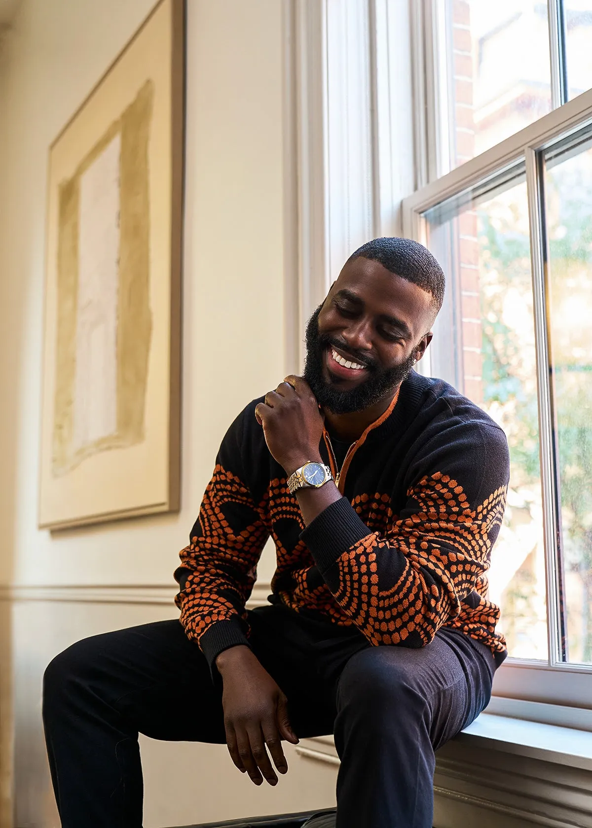 Kibo Men's African Print Quarter-Zip Sweater (Black Amber Dots) sold by D'iyanu product image thumbnail 4