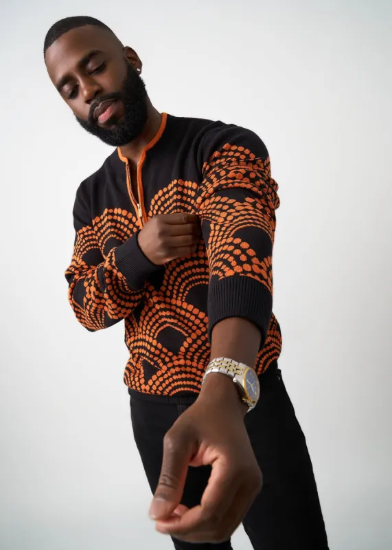 Kibo Men's African Print Quarter-Zip Sweater (Black Amber Dots) sold by D'iyanu