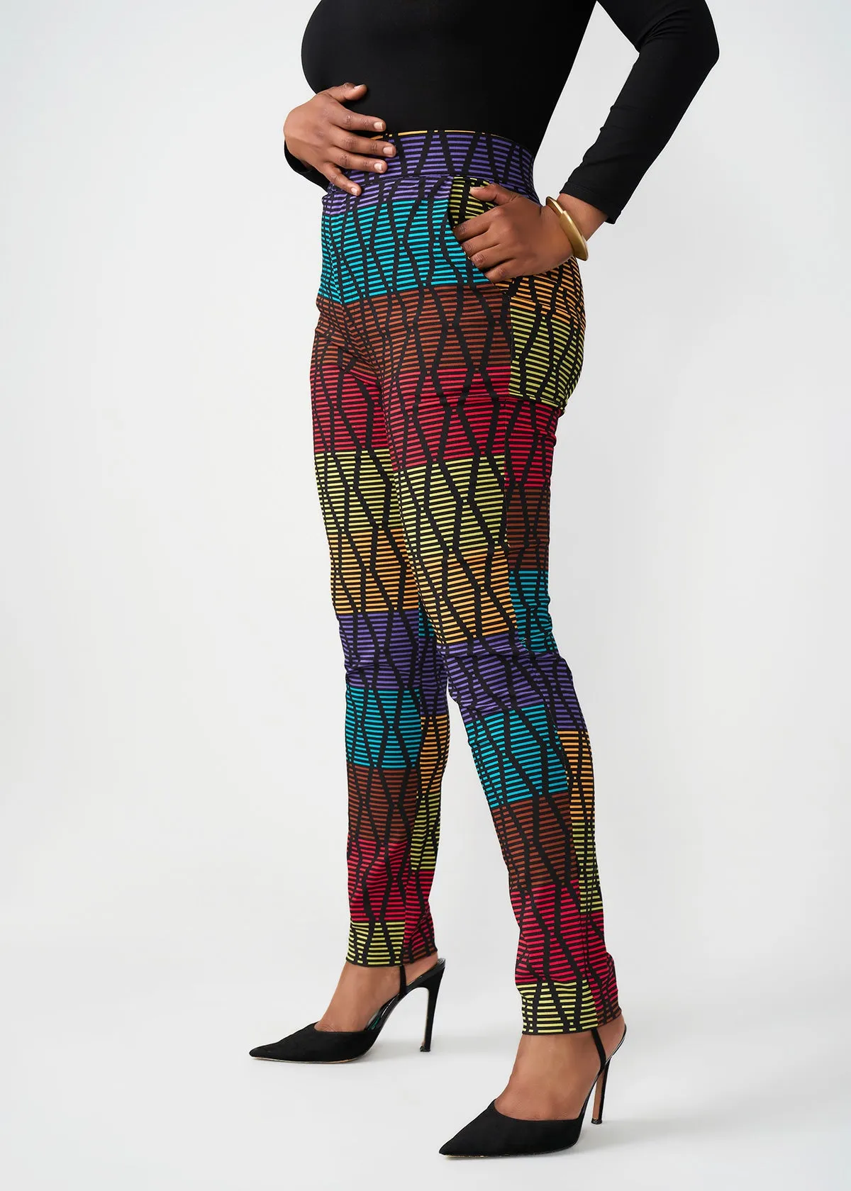 Talia Women's African Print Stretch Pants (Rainbow Diamond Stripes) - Clearance sold by D'iyanu product image thumbnail 5
