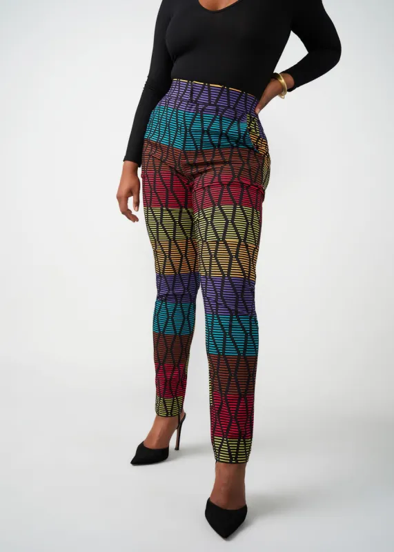 Talia Women's African Print Stretch Pants (Rainbow Diamond Stripes) - Clearance sold by D'iyanu