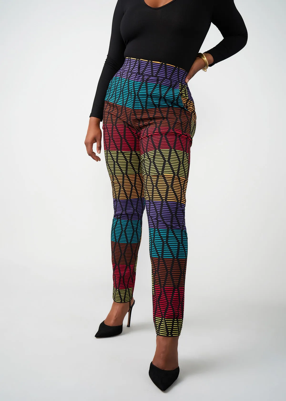 Talia Women's African Print Stretch Pants (Rainbow Diamond Stripes) - Clearance sold by D'iyanu