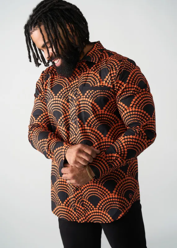 Mazi Men's African Print Button-up Shirt (Black Amber Dots) sold by D'iyanu