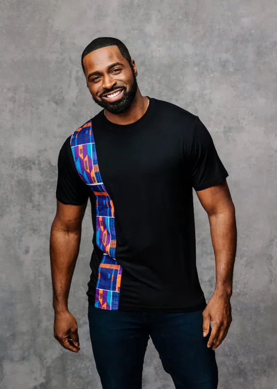 Kwau Men's African Print Short Sleeve T-shirt (Black/Purple Navy Kente) - Clearance sold by D'iyanu