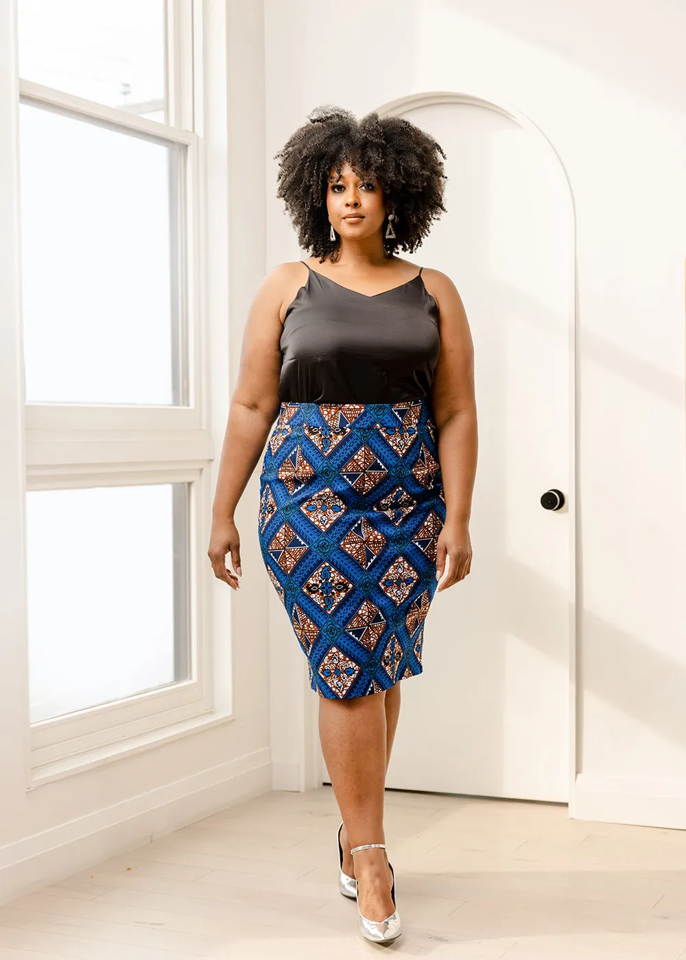 Hadiza Women's African Print Stretch Woven Pencil Skirt (Blue Tan Diamonds) sold by D'iyanu product image thumbnail 3