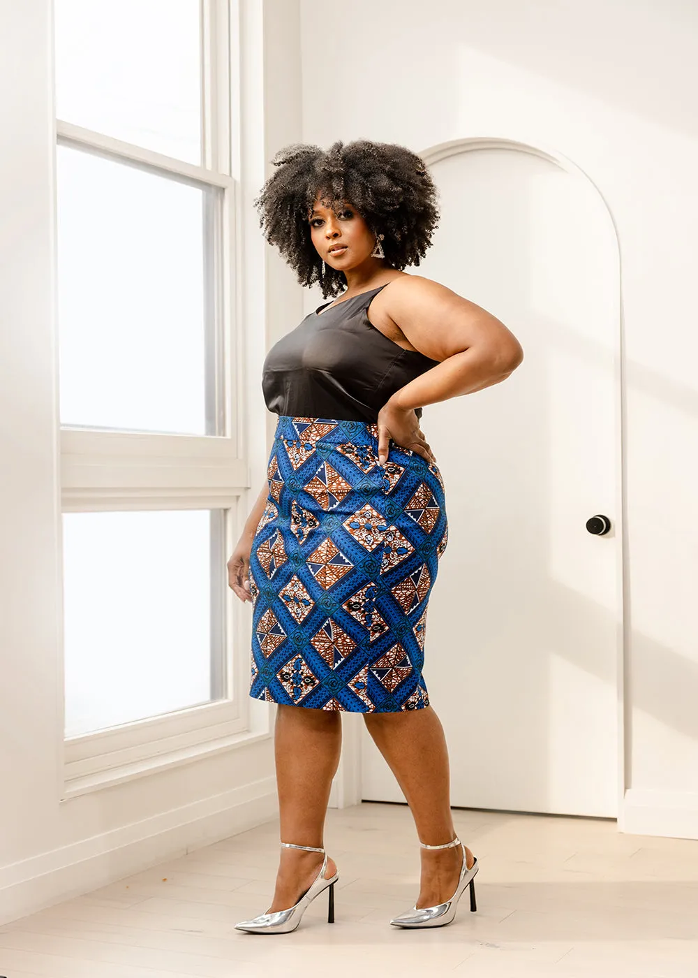 Hadiza Women's African Print Stretch Woven Pencil Skirt (Blue Tan Diamonds) sold by D'iyanu product image thumbnail 4