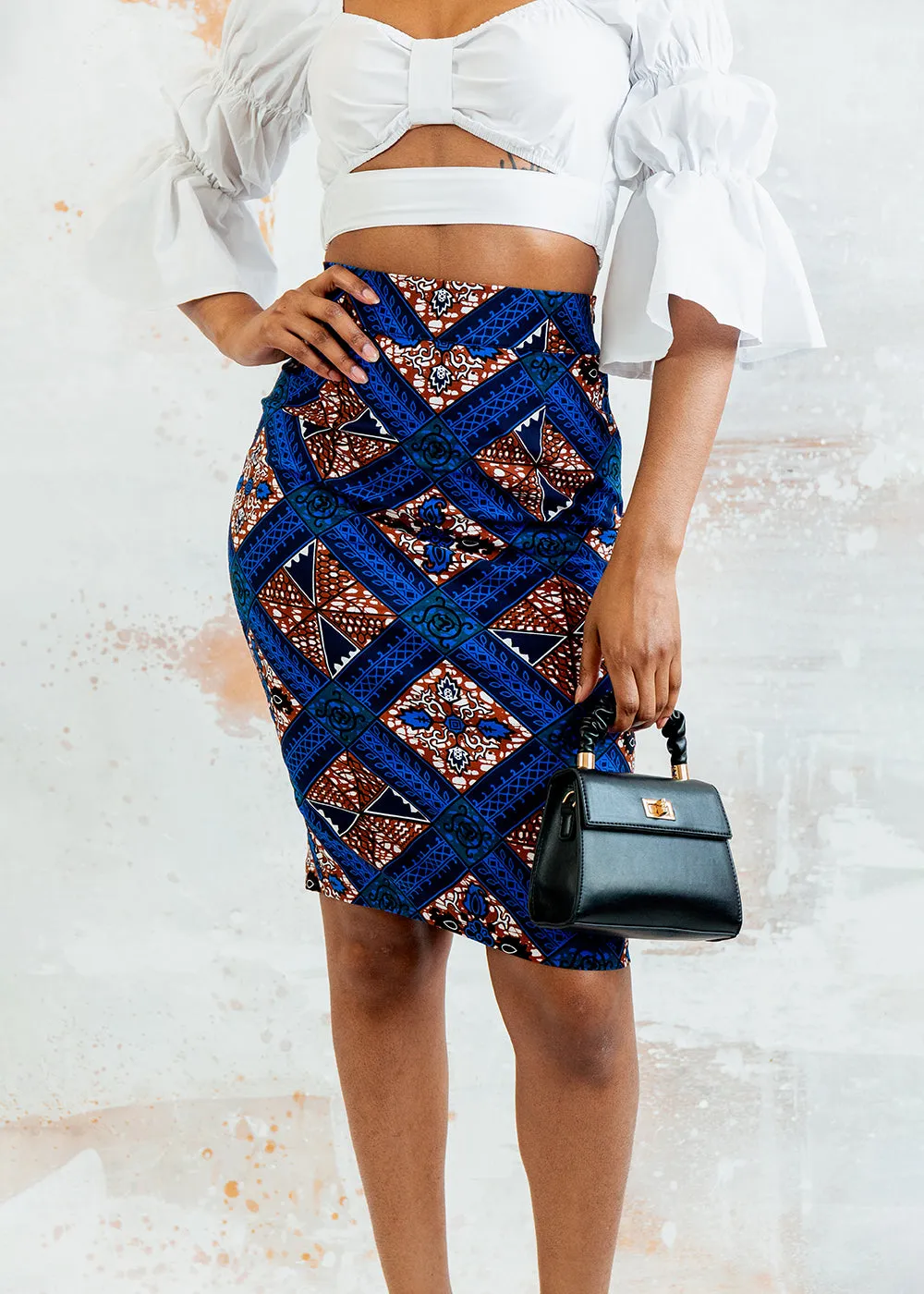 Hadiza Women's African Print Stretch Woven Pencil Skirt (Blue Tan Diamonds) sold by D'iyanu product image thumbnail 5