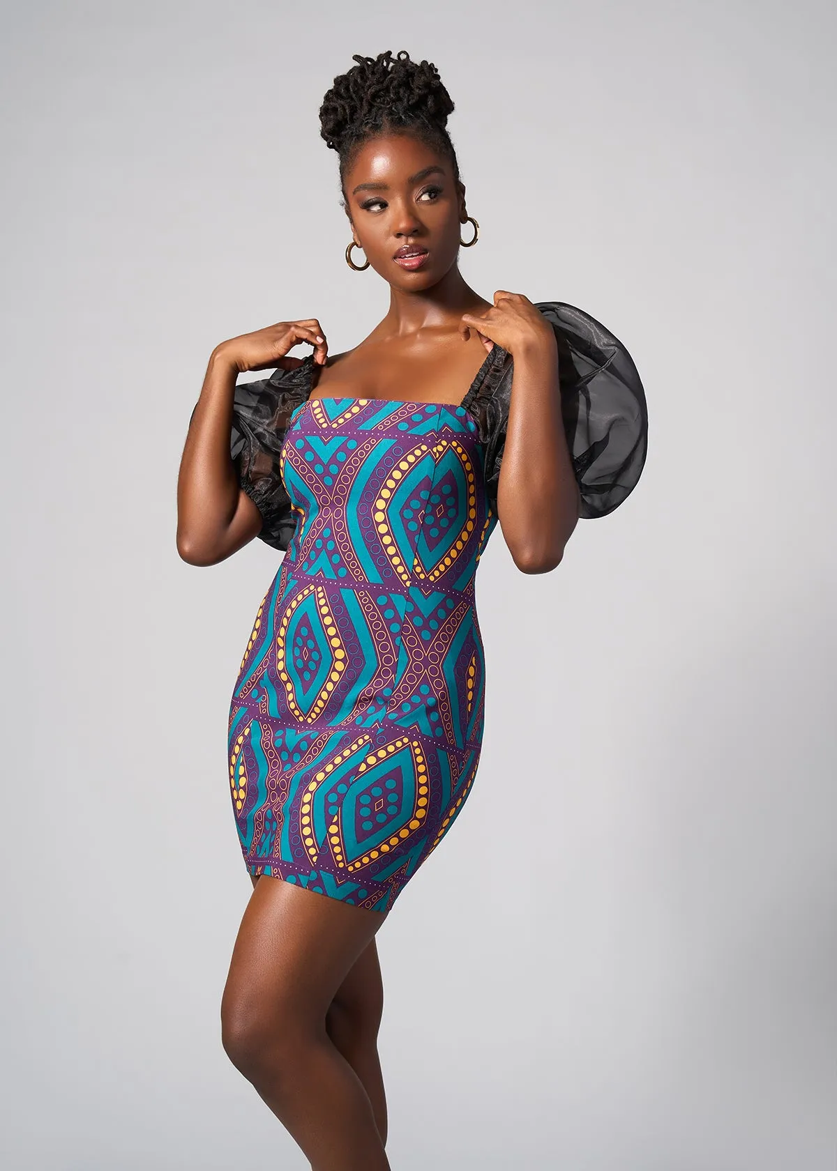 Nayana African Print Stretch Organza Sleeves Dress (Emerald Retro Diamonds) - Clearance sold by D'iyanu