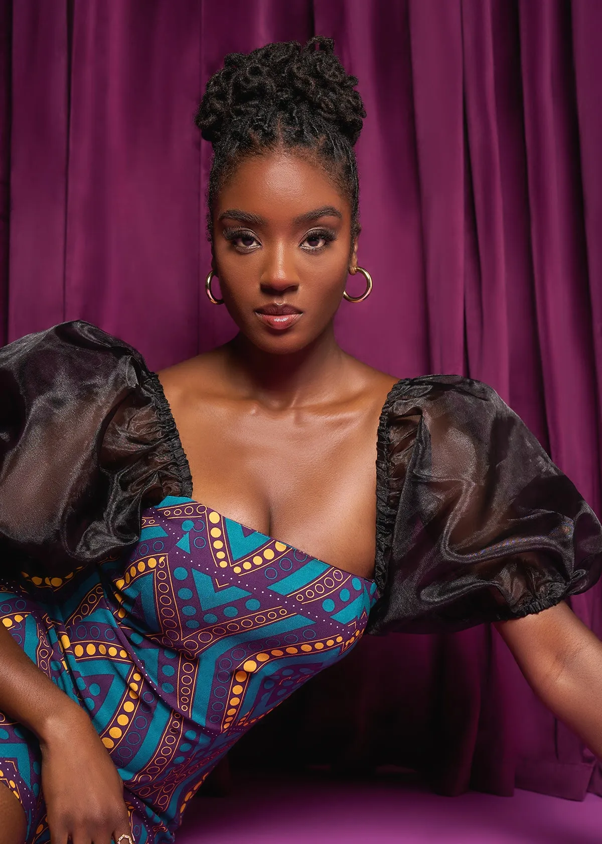 Nayana African Print Stretch Organza Sleeves Dress (Emerald Retro Diamonds) - Clearance sold by D'iyanu product image thumbnail 5