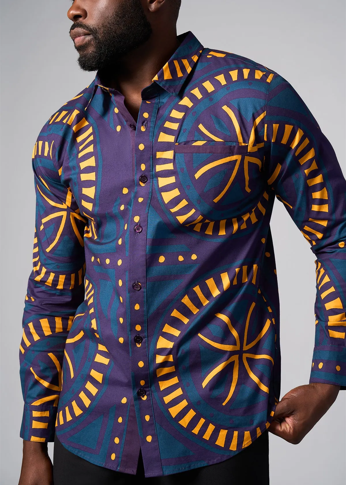 Mazi Men's African Print Button-up Shirt (Teal Plum Tiles) - Clearance sold by D'iyanu product image thumbnail 4