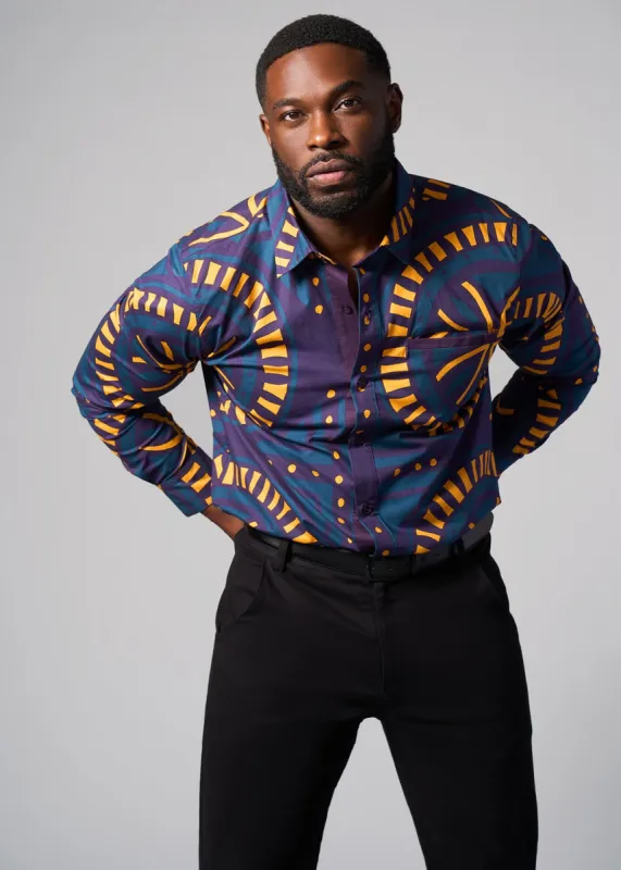 Mazi Men's African Print Button-up Shirt (Teal Plum Tiles) - Clearance sold by D'iyanu