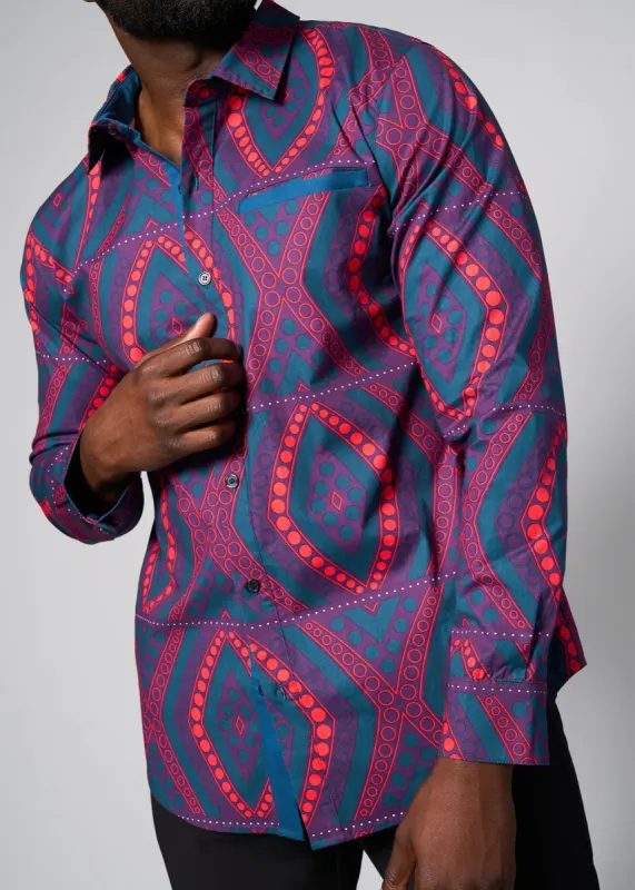 Mazi Men's African Print Button-up Shirt (Rhubarb Retro Diamonds) - Clearance sold by D'iyanu