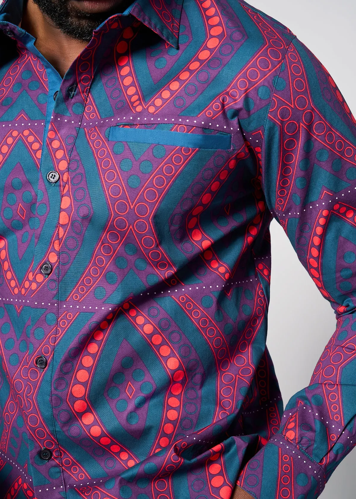 Mazi Men's African Print Button-up Shirt (Rhubarb Retro Diamonds) - Clearance sold by D'iyanu product image thumbnail 3