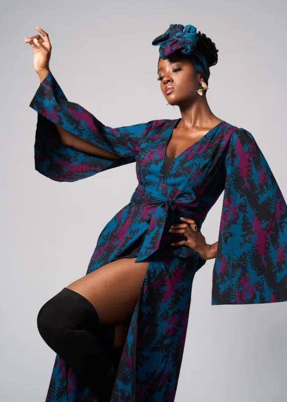 Liya Women's African Print Maxi Dress (Midnight Teal Abstract) sold by D'iyanu