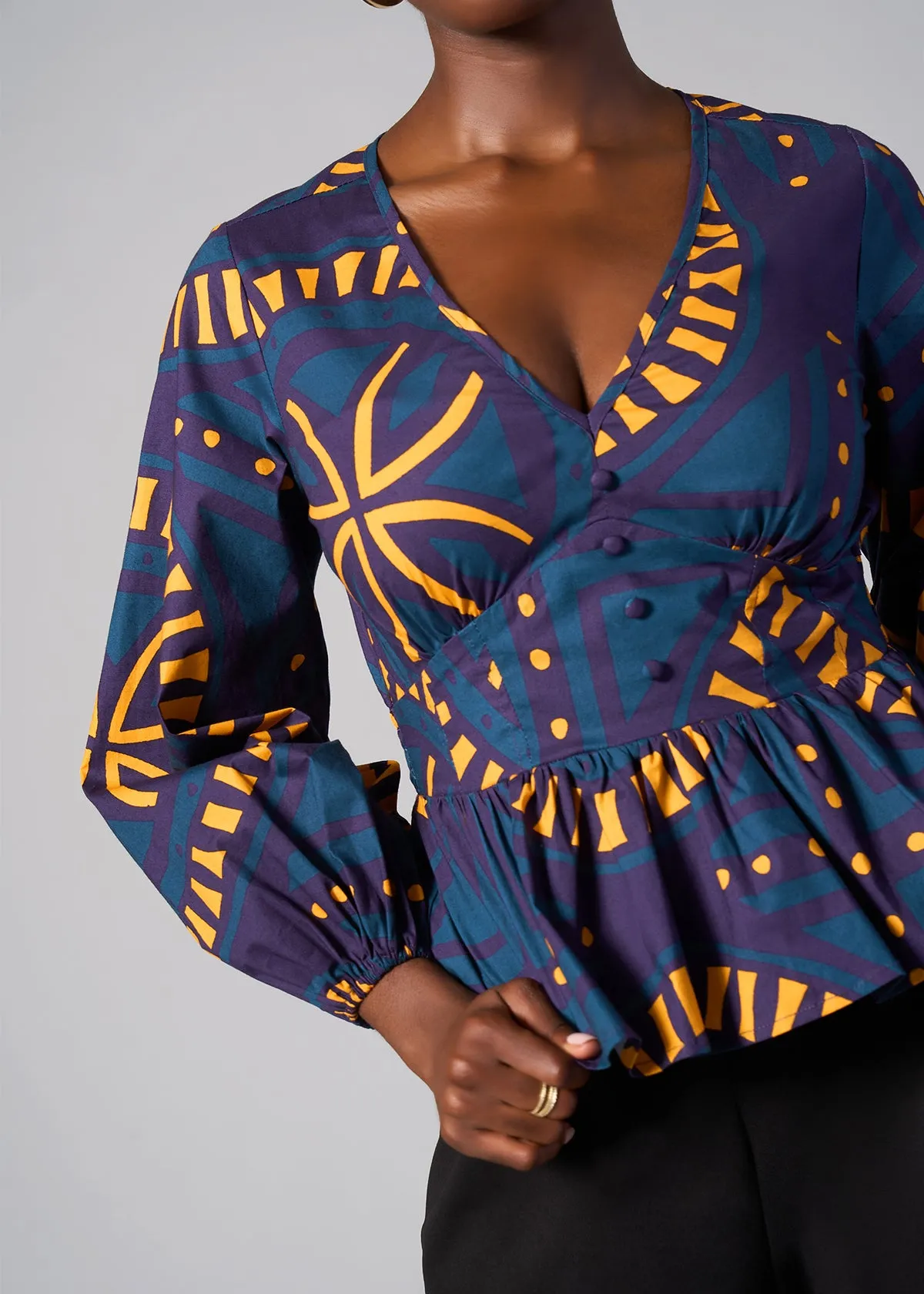 Imudara Women's African Print Peplum Blouse (Teal Plum Tiles) - Clearance sold by D'iyanu