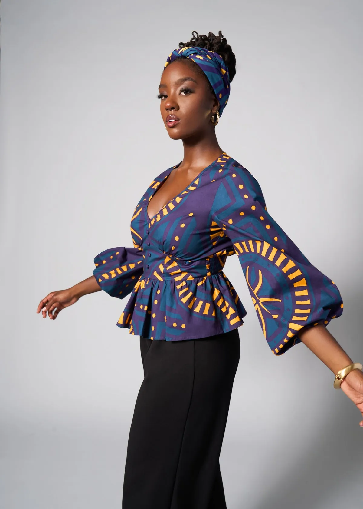 Imudara Women's African Print Peplum Blouse (Teal Plum Tiles) - Clearance sold by D'iyanu product image thumbnail 3