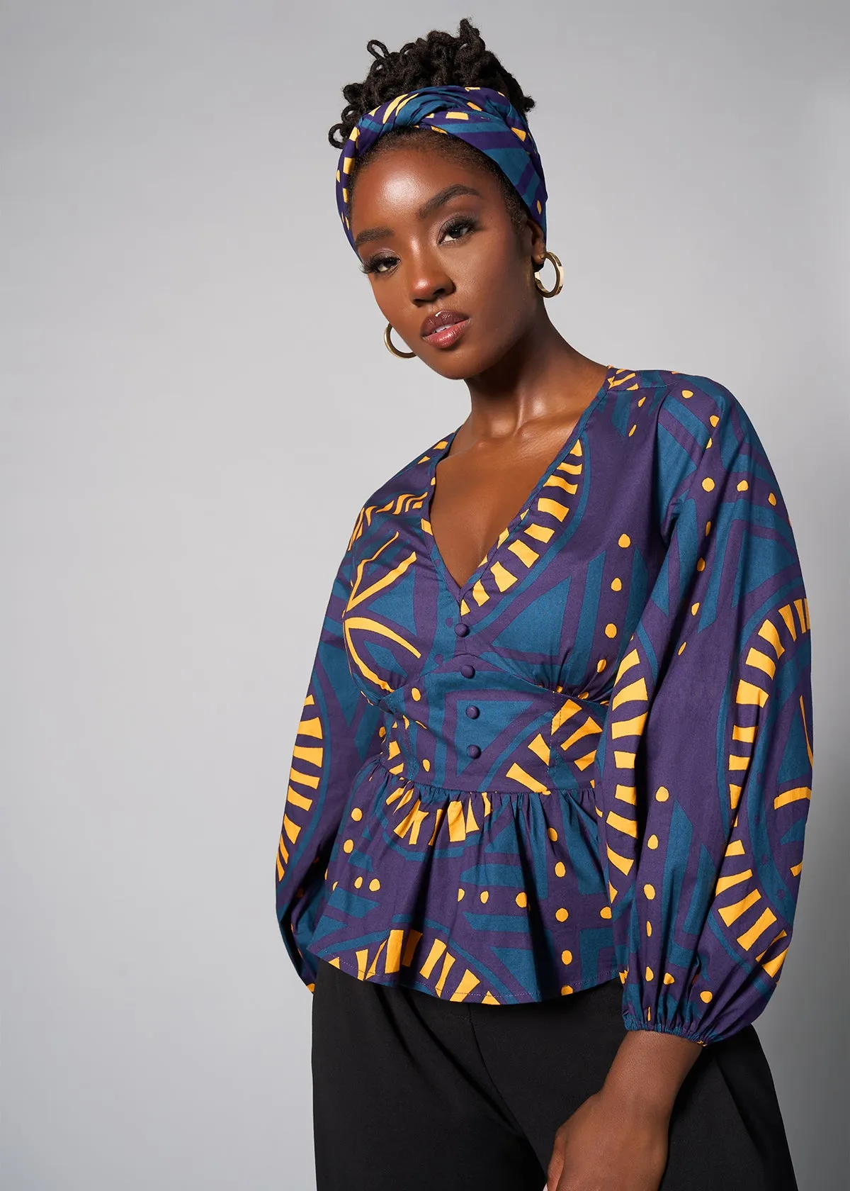 Imudara Women's African Print Peplum Blouse (Teal Plum Tiles) - Clearance sold by D'iyanu product image thumbnail 2
