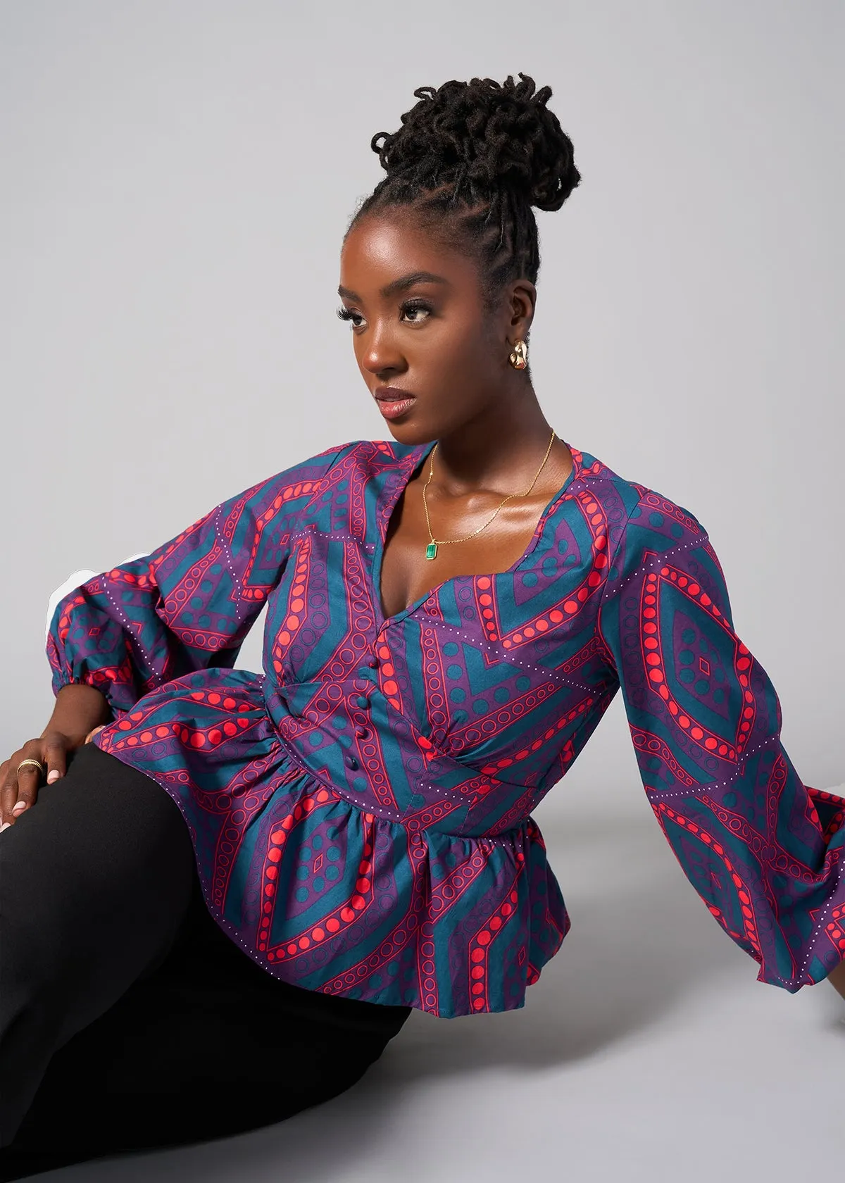 Imudara Women's African Print Peplum Blouse (Rhubarb Retro Diamonds) - Clearance sold by D'iyanu